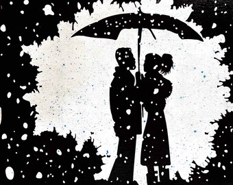 Snow Umbrella Couple - Blue Mica - 12x9" Canvas Painting