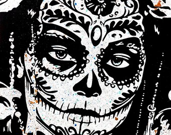 Intricate Sugar Skull Woman - Blue Gold Green - 9x12" Canvas Painting