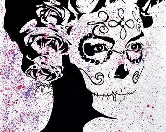 Sugar Skull Woman with Longing Eyes - Pink and Purple - 9x12" Canvas