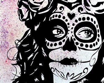 Sugar Skull Woman - Pink and Purple - 9x12" Black Canvas