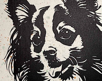 Delighted Papillon Dog - Gold Green - 9x12" Canvas Painting