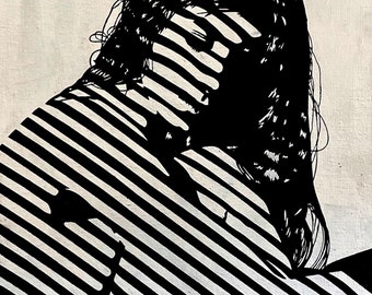 Melancholy Nude Woman - Black and White Blinds Painting - 9x12" Canvas