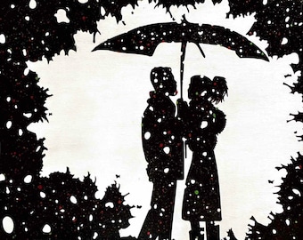 Snow Umbrella Couple - Red Green - 12x9" Canvas Painting