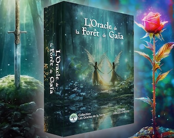 Pode incluir: Uma caixa para um baralho de cartas de oráculo com uma cena de floresta verde, azul e branca com duas fadas. A caixa é intitulada "L'Oracle de la Forêt de Gaia" e apresenta o texto "Collection Les Oracles de la Terre" e "Editions Oracles Atwood".