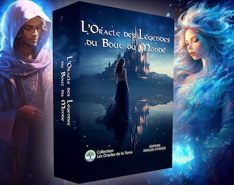 May include: A boxed oracle deck titled "L'Oracle des Légendes du Bout du Monde" features a fantasy illustration of a woman in a long dress standing before a castle. The box is dark blue with white text and a logo. The artwork includes a mystical woman with flowing blue hair.