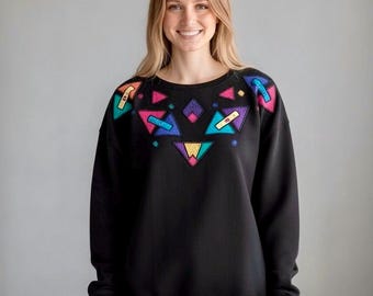 Felpa vintage anni '80 Koret nera con applicazioni geometriche – Stile retrò, chic da insegnante d'arte