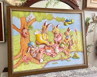 Vintage 3D Quilted Bunny Picnic Wall Art – Framed Handmade Textile – 1980s Nursery or Cottagecore