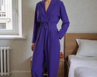 Tuta intera vintage anni '90 Joseph Ribkoff / Viola reale Blu Petite XS / Manica lunga Vita stretta Abito intero firmato anni '90