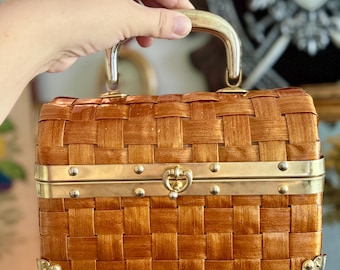 Borsa a scatola vintage anni '60 in legno intrecciato dorato / Borsa a mano foderata in raso / Borsa a mano con manico superiore stile metà secolo / Borsa a mano intrecciata