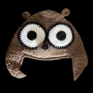 May include: A brown crocheted owl hat featuring large white and black eyes, a small brown nose, and ear-like details. The hat is designed to cover the head and ears, with a pointed front.