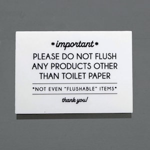 May include: A roll of white toilet paper on a silver metal holder, next to a white sign with black text that reads "*important* PLEASE DO NOT FLUSH ANY PRODUCTS OTHER THAN TOILET PAPER *NOT EVEN "FLUSHABLE" ITEMS* thank you!"