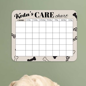 May include: A white dry erase board with a beige border and black bone-shaped designs. The board has a grid with the words "Koda's CARE chart" at the top and "CHOIR" and days of the week listed across the top. A golden retriever dog is lying on a wooden floor in front of the board with a bowl of dog food.