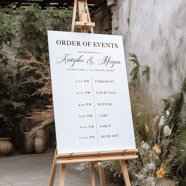 Order of Events for Our Wedding, Modern Calligraphy Names, Reception Decor, Minimalist Wedding Itinerary Sign, Premium Foam Board or Canvas