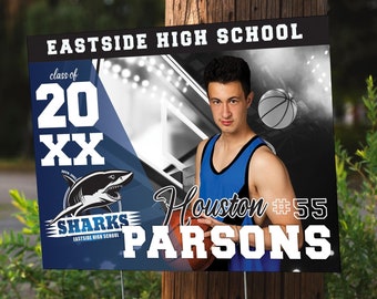 Personalized Sports Yard Signs -  24&#39;&#39;x18&#39;&#39; Custom Senior Coroplast with H-Stake, Senior Photos + Name + School Colors