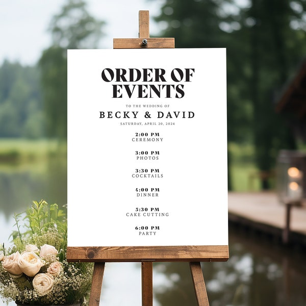 Modern Order of Events - Wedding/Reception Timeline Sign, Custom Wedding Party Decor, Wedding Itinerary, Premium Foam Board or Canvas