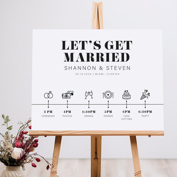 Let's Get Married! - Wedding Timeline with Graphics, Custom Reception Decor, Modern Wedding Itinerary Signs, Premium Foam Board or Canvas