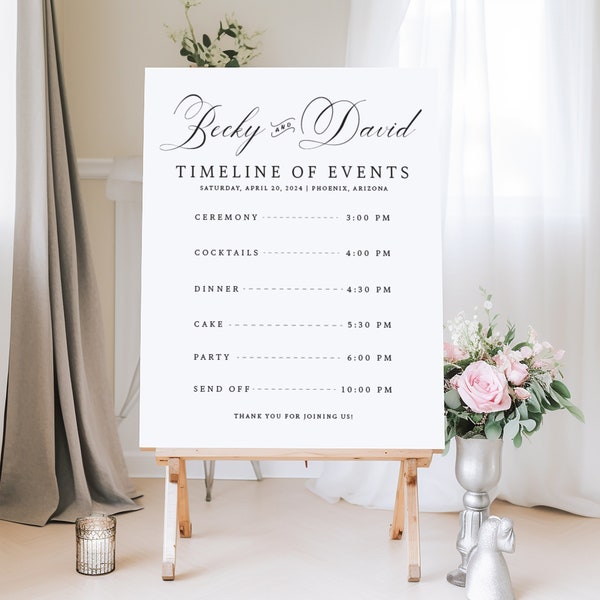 Timeline of Events - Wedding/Reception Sign, Caligraphy Names, Custom Wedding Party Decor, Wedding Itinerary, Premium Foam Board or Canvas