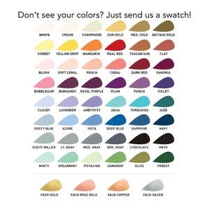 May include: A chart of 36 color swatches with names for each color. The colors are arranged in rows and columns, with the names of the colors printed below each swatch.