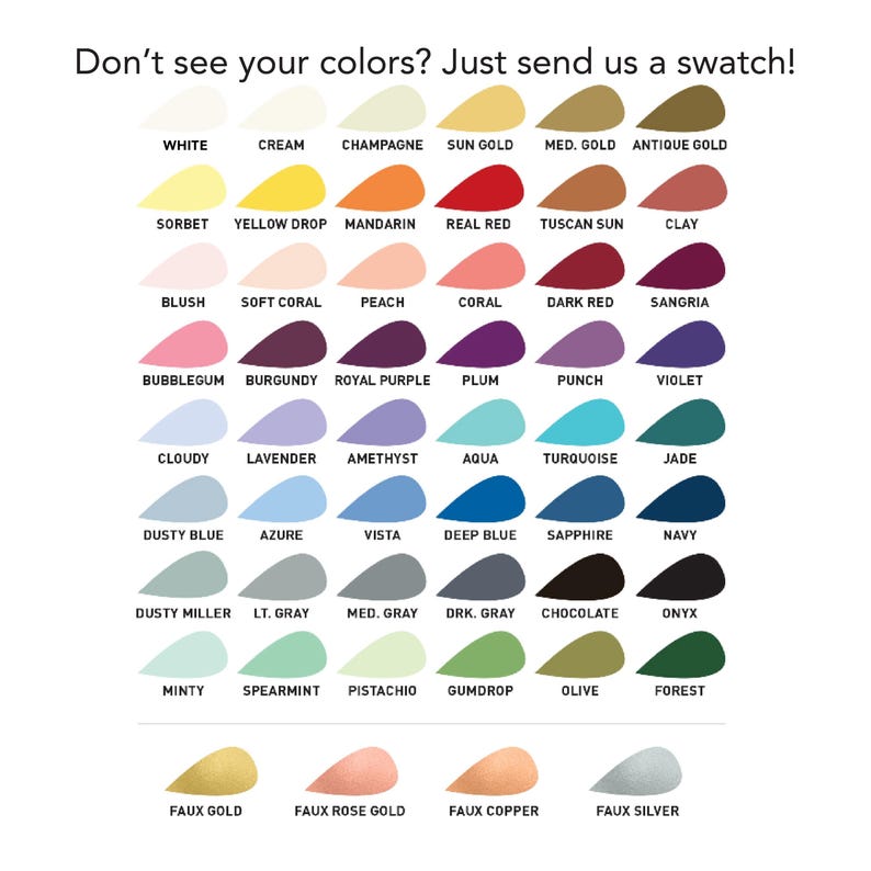 May include: A chart of 36 color swatches with names for each color. The colors are arranged in rows and columns, with the names of the colors printed below each swatch.