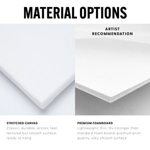 Puede incluir: Se muestran dos superficies blancas, una lona estirada y una tabla de espuma, una al lado de la otra. El texto "MATERIAL OPTIONS" est&aacute; en la parte superior de la imagen. El texto "ARTIST RECOMMENDATION" est&aacute; sobre la tabla de espuma. El texto "STRETCHED CANVAS" est&aacute; debajo de la lona. El texto "Classic, durable, artistic feel, textured but smooth surface, ready to hang" est&aacute; debajo del texto "STRETCHED CANVAS". El texto "PREMIUM FOAMBOARD" est&aacute; debajo de la tabla de espuma. El texto "Lightweight, thin, 10x stronger than standard foam board, premium print quality, silky smooth surface" est&aacute; debajo del texto "PREMIUM FOAMBOARD".