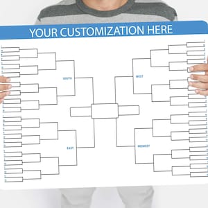 May include: A white bracket board with a blue header that reads "YOUR CUSTOMIZATION HERE." The bracket is divided into four regions: South, East, West, and Midwest. Each region has multiple slots for entries, ideal for tournament planning.