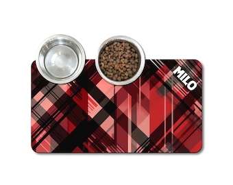 Personalized Pet Food Mat: Red Plaid, Non-Slip Dog & Cat Bowl Mat