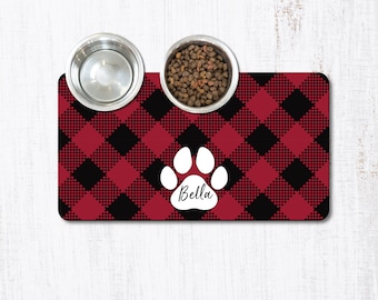 Personalized Pet Placemat: Red Buffalo Plaid, Non-Slip Dog Cat Mat