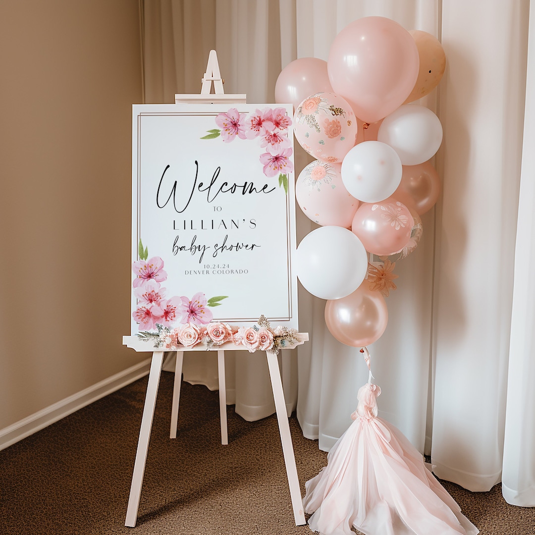 Welcome Rosa Custom Pink Floral Baby Shower Welcome Sign - Baby Girl Shower Party ...