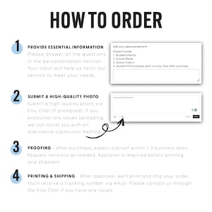 Puede incluir: C&oacute;mo pedir un producto fotogr&aacute;fico personalizado. Los pasos incluyen proporcionar informaci&oacute;n esencial, enviar una foto de alta calidad, revisar el dise&ntilde;o e imprimir y enviar. La imagen muestra un formulario con campos para el nombre del estudiante, el nombre de la escuela, los colores de la escuela y una foto del estudiante.