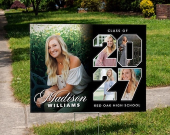 May include: A rectangular graduation yard sign featuring a large portrait of a blonde individual, the name Madison Williams, and the text Class of 2027 Red Oak High School. The design includes three smaller inset photos within the large numbers 2027.