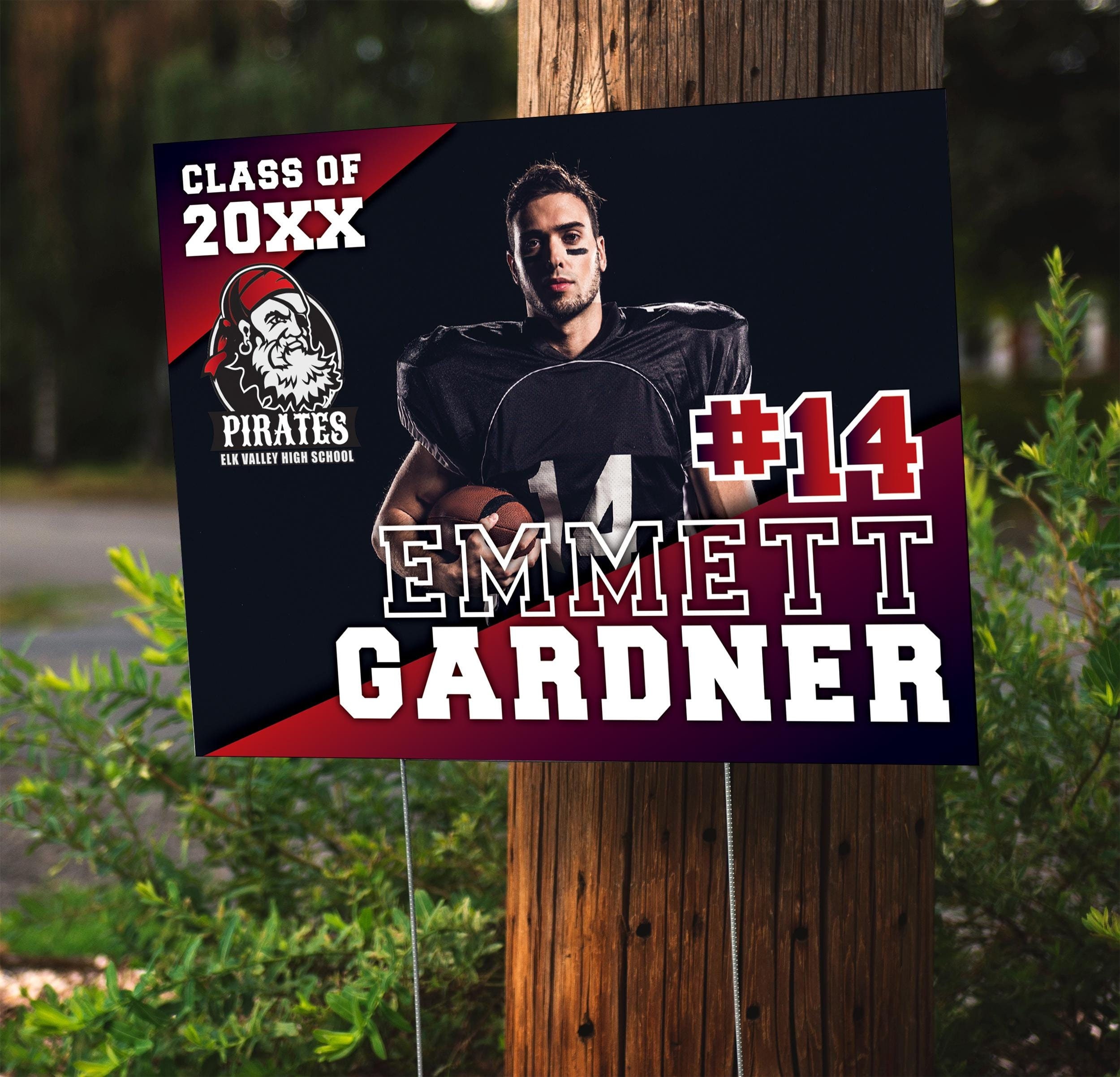 Football Yard Sign -  24''x18'' Custom Sports Yard Sign Coroplast with H-Stake, Photo + Name + School Colors