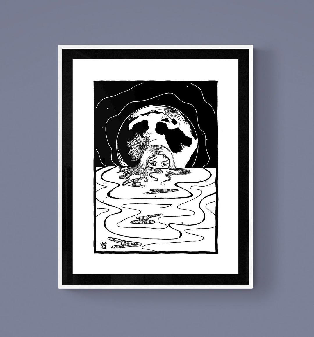 Moon Girl - Black and White Art Ink Print - Giclee Print - Fine Art - Etsy