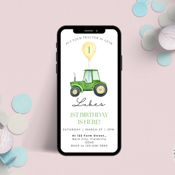Tractor Birthday Evite , Green Tractor Party,  Editable Birthday Invitation , Boy Birthday Party , Tractor Theme Party, 1st Birthday Boy