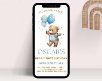 Beary First Birthday Evite, Teddy Bear Picnic Invite , 1St Birthday Boy , Teddy Bear Birthday Invitation By Text , Beary 1St Birthday Invite