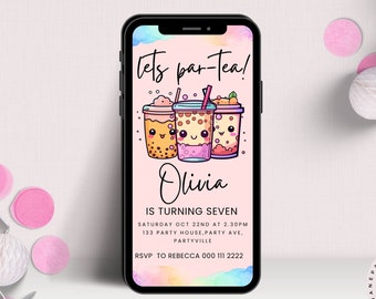 Boba Tea Party Invitation, Evite,  Bubble Tea, Boba Party Birthday Invitation , Let's Par Tea , Instant Download , Girl Party
