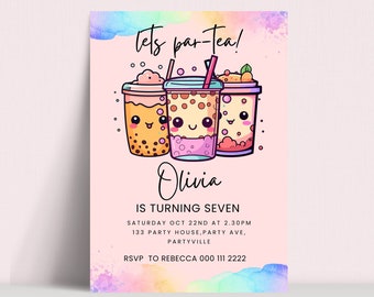 Boba Tea Party Invitation , Bubble Tea, Boba Party Birthday Invitation , Let's Par Tea , Instant Download , Girl Party