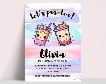 Boba Tea Birthday Invitation, Girl Party (Digital Download)