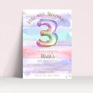 Little Miss Threenager , 3Rd Bday Invite ,Third Birthday Invitation , Self Edit , Digital Download , Girl Bday Party Invites