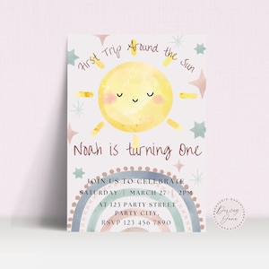 First Trip Around The Sun Birthday Invitation , Editable Sunshine Invite , Editable Template, Girl or Boy 1St Birthday , Boho Rainbow