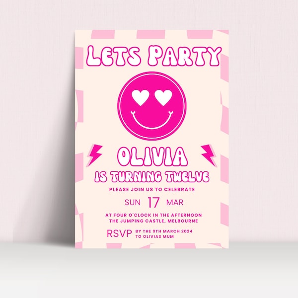 Preppy Girl Bday Invitations, Hot Pink Party Bday Printable Invite, Smile Face Preppy Party Bday Printable Invite , Checkered Bday Invite