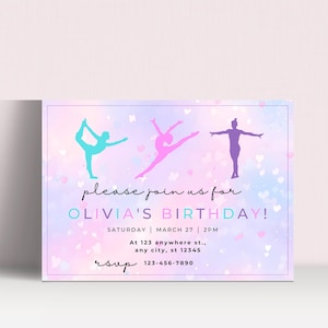 Faire-part d'anniversaire sur le thème de la gymnastique, fichier imprimable ou cartes imprimées, sauter et jouer, impression de gymnastique, culbuter et virevolter