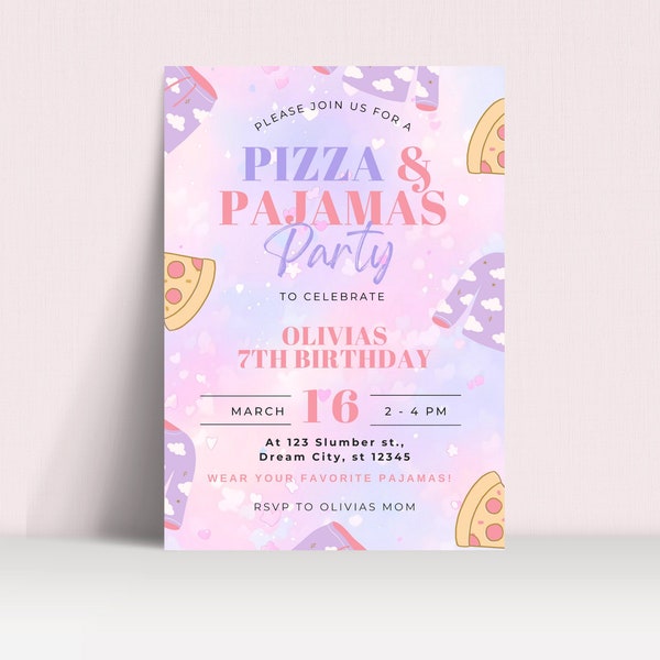 Pizza and Pajamas Birthday Invitation , Slumber Party Invite , Editable Pizza Invite , Digital File , Party Invite , Popcorn And Pajamas
