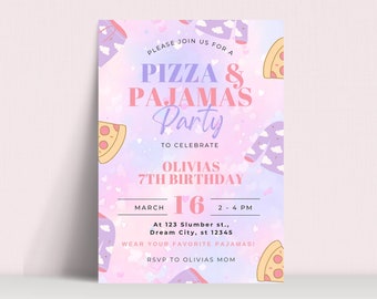 Invitación de cumpleaños de pizza y pijamas, invitación a fiesta de pijamas, invitación a pizza editable, archivo digital, invitación a fiesta, palomitas de maíz y pijamas