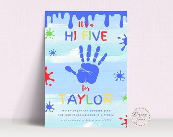 Hi Five Birthday Invitation, Boys 5th Birthday, Handprint (Digital Download)