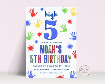 Hi Five Birthday Invitation, Handprint, 5th Birthday (Instant Download)