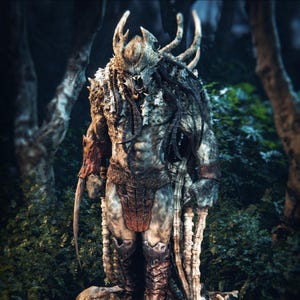 Op de afbeelding: Gedetailleerde afbeelding van een Predator-wezen in een bos. Het buitenaardse figuur is zwaar gepantserd, met een masker, dreadlocks en een mesvormig wapen. Het kleurenschema is aards, met tinten bruin, grijs en rood.
