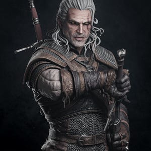 Puede incluir: Representación detallada de un personaje de The Witcher. La figura está vestida con una armadura de cuero desgastada, cota de malla y sostiene una espada. El personaje tiene cabello blanco, una cicatriz y una expresión severa. La estética general es oscura y detallada.