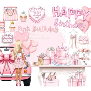 Clipart di compleanno rosa / Bundle di clipart di compleanno a tema rosa glamour! Perfetto per planner e inviti/27 PNG 5 ragazze incluse!