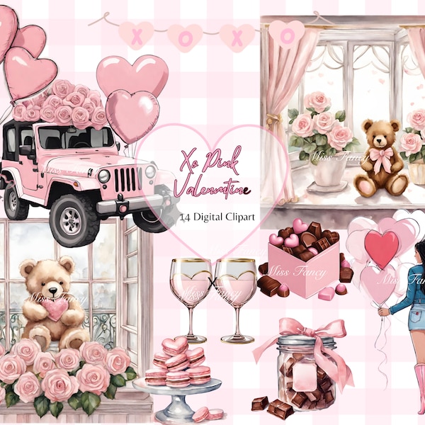 XO Pink Valentines|Digital Clipart Bundle|6 Girls Hearts,Teddy Bear,Pink Jeep, Roses,Chocolate,Pink Fashion Illustration,Girly,Planner,13PNG