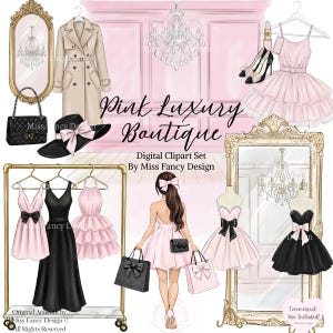 Clipart de boutique rosa, ilustraciones de chicas de moda (PNG)
